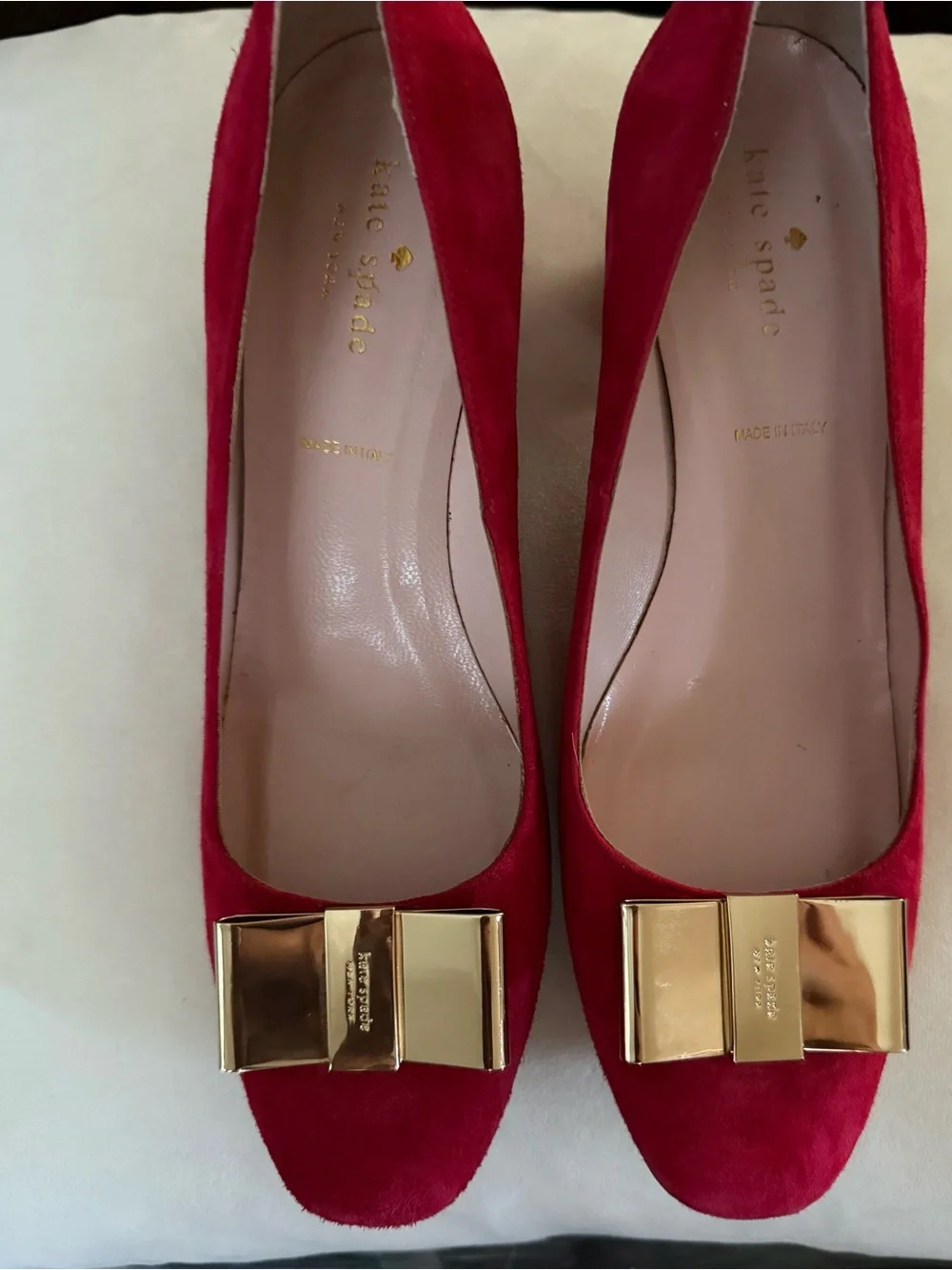 kate spade Red Suede Mid Block Heels with Gold Bow
